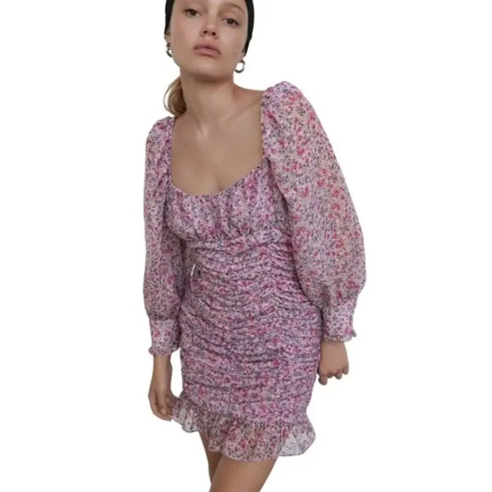ZARA Floral Print Draped Long Sleeve Ruffle Mini Dress Bloggers Fav Pink/ Purple - Picture 3 of 12